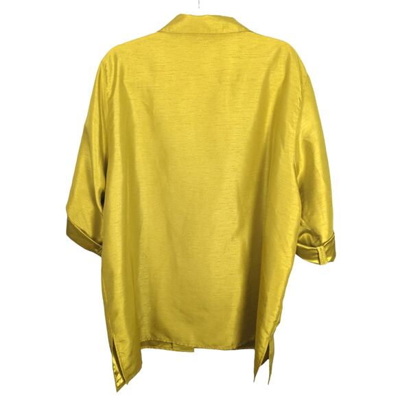 Caroline Rose Faux Raw Silk Button Front Shirt Chartreuse Tab Roll Sleeve 2X - Picture 2 of 9